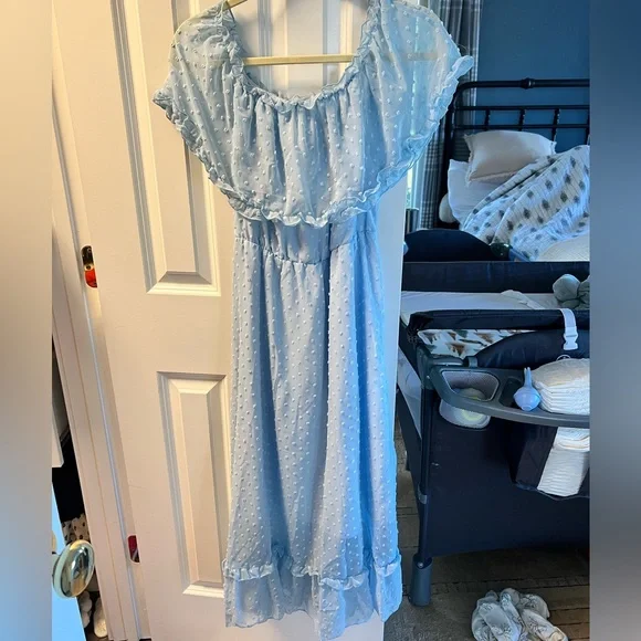 shein light blue dress SHEIN Blue One Shoulder Long Sleeve Slim Fit Mesh Embroidered Asymmetrical Hem Splicing High Elastic Flared A-Line Elegant Romantic Formal P,Petite M
